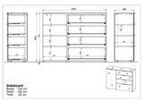 Technische Zeichnung eines Sideboards mit den Maßen: Breite 134 cm, Höhe 102 cm, Tiefe 42 cm. Frontale und seitliche Ansichten sind dargestellt.