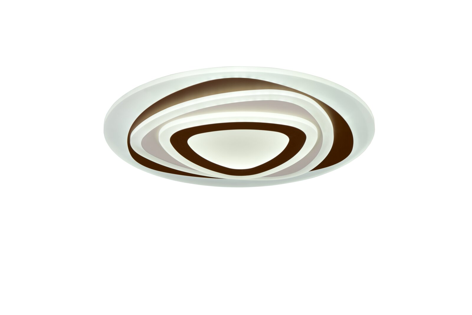 Moderne, flache LED-Deckenleuchte in Weiß mit mehrlagigem, ovalem Ring-Design und warmbraunen Akzenten, Ansicht schräg von unten (Untersicht) vor weißem Hintergrund