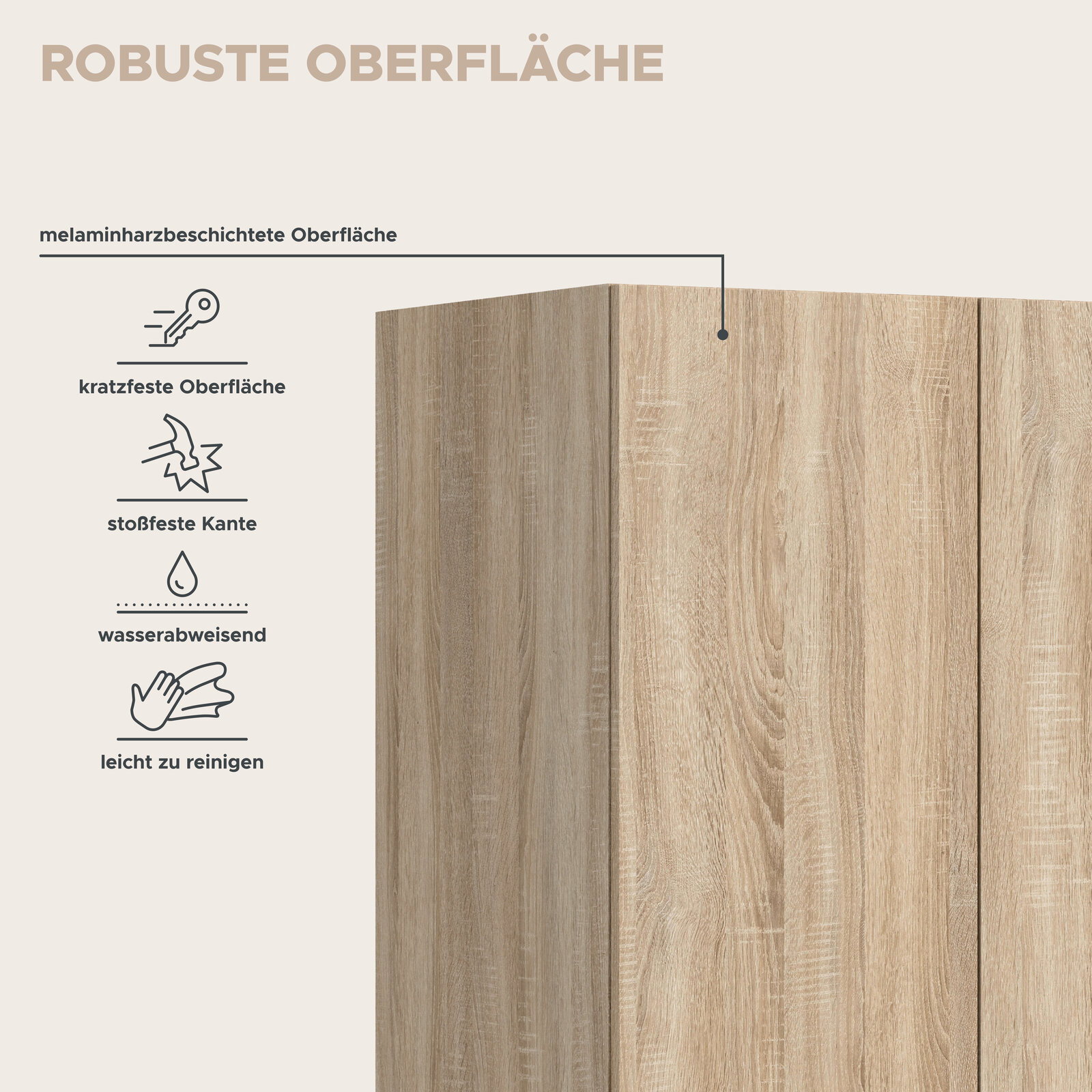 Detailansicht einer melaminharzbeschichteten Holzoptik-Oberfläche mit robuster, kratzfester, stoßfester, wasserabweisender und leicht zu reinigender Ausführung, gezeigt in schräger Frontansicht von oben