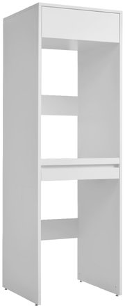 Weißer Doppel-Waschmaschinenschrank aus der Vorderansicht mit zwei offenen Fächern und einer Schublade oben.