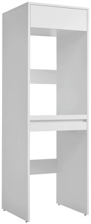 Weißer Doppel-Waschmaschinenschrank aus der Vorderansicht mit zwei offenen Fächern und einer Schublade oben.