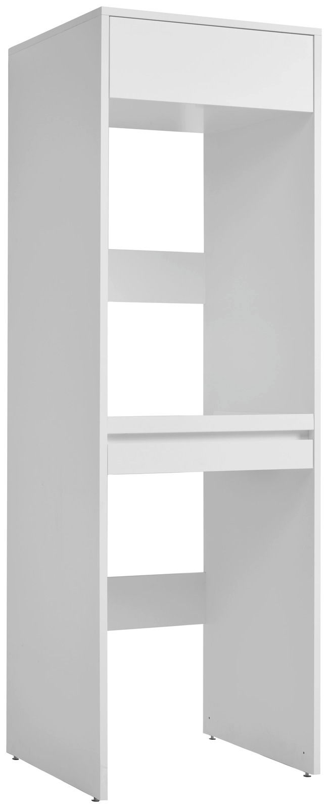 Weißer Doppel-Waschmaschinenschrank aus der Vorderansicht mit zwei offenen Fächern und einer Schublade oben.