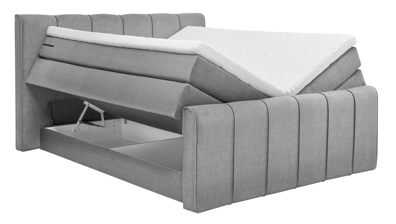 Graues Boxspringbett mit hochgeklappter Matratze und Stauraum, seitliche Perspektive