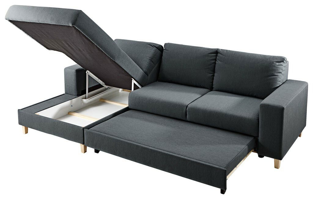 Ti´me Ecksofa ANABELLE Dunkelgraue Rundecke Ottli mit ausziehbarem Bett und Stauraum, Perspektive von schräg vorne.