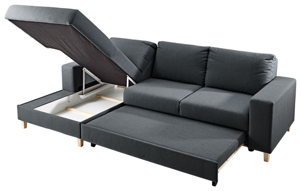 Ti´me Ecksofa ANABELLE Dunkelgraue Rundecke Ottli mit ausziehbarem Bett und Stauraum, Perspektive von schräg vorne.