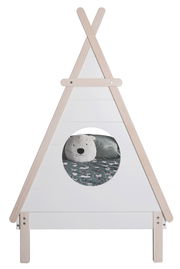 Frontansicht eines Kinderbetts in Tipi-Form mit rundem Fenster und einem Kuscheltier im Inneren.