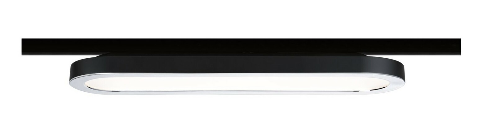 Schwarzes, ovales Schienenpanel Loop, seitliche Perspektive, mit weißer Lichtfläche.