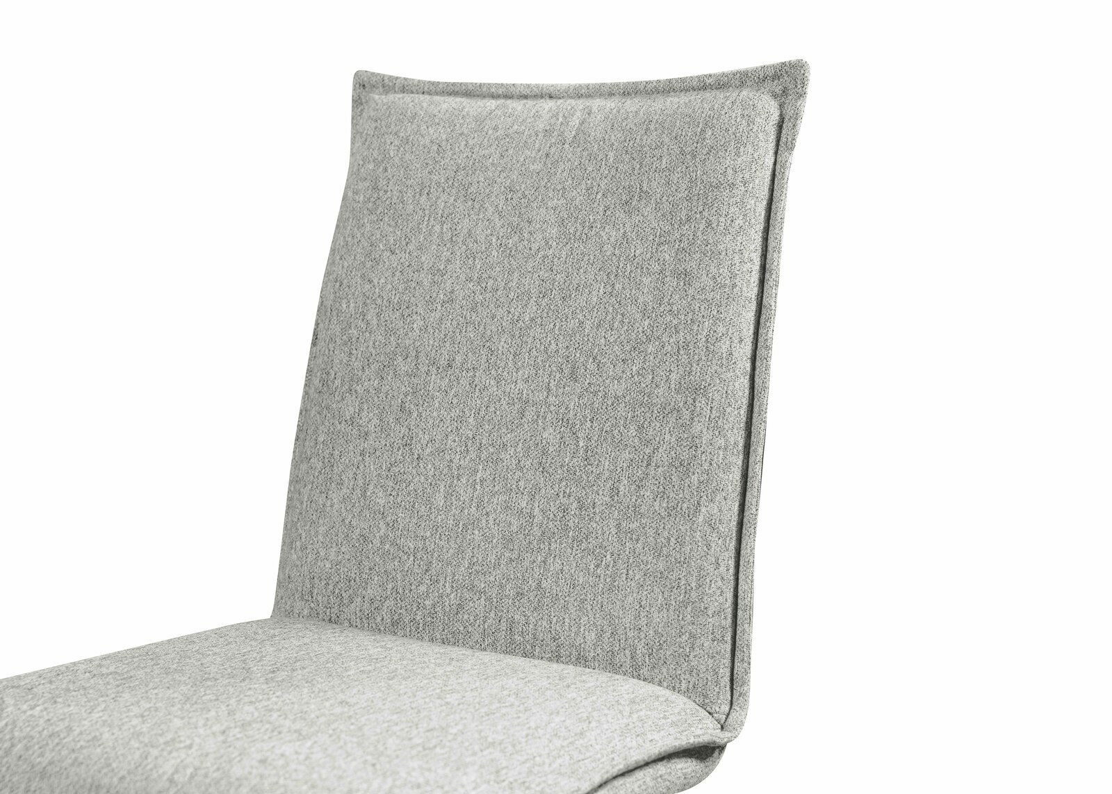 Grauer Stuhl mit gepolsterter Rückenlehne, seitliche Perspektive