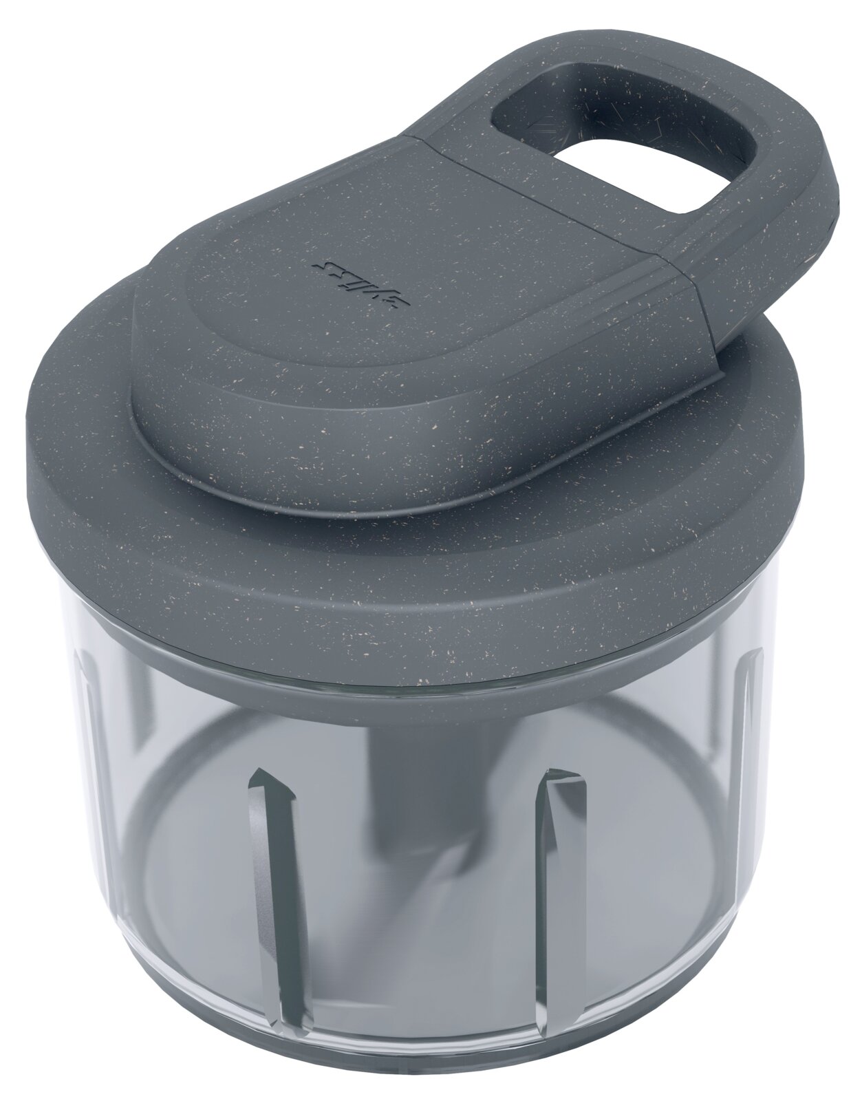 Zyliss Universele hakker EASY PULL Donkergrijze, gespikkelde deksel met handgreep op een transparante mengbeker/foodprocessor-kom, getoond in schuin bovenaanzicht (driekwartperspectief).
