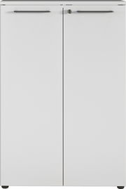 Vorderansicht eines weißen Aktenschranks mit zwei Türen und Griffen.