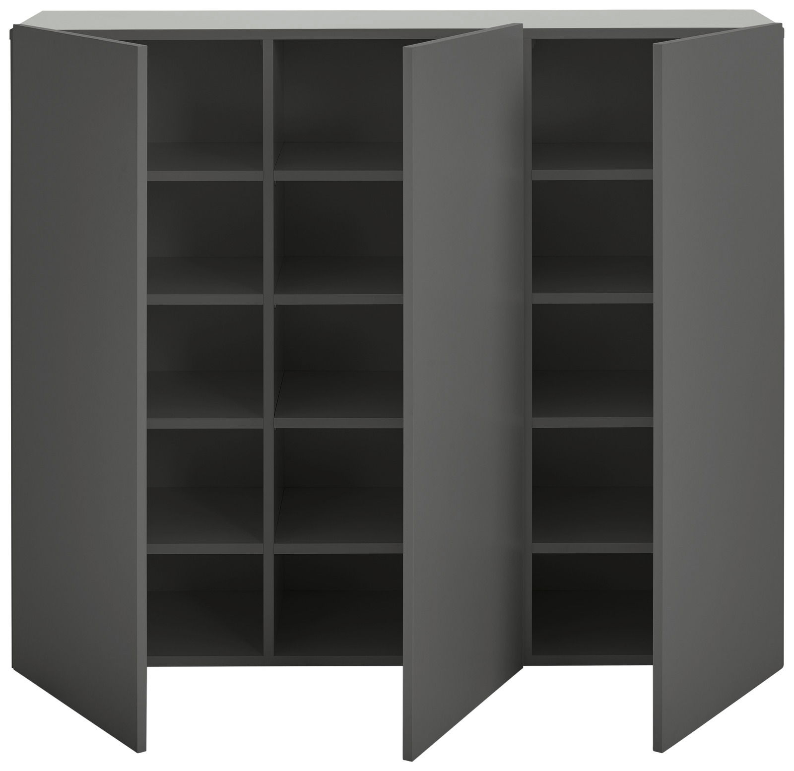 Grauer Hängeschuhschrank mit zwei geöffneten Türen, frontal betrachtet, zeigt mehrere Regalfächer für Schuhe.