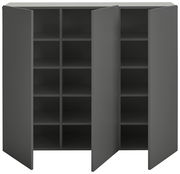 Grauer Hängeschuhschrank mit zwei geöffneten Türen, frontal betrachtet, zeigt mehrere Regalfächer für Schuhe.