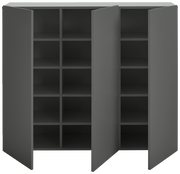 Grauer Hängeschuhschrank mit zwei geöffneten Türen, frontal betrachtet, zeigt mehrere Regalfächer für Schuhe.