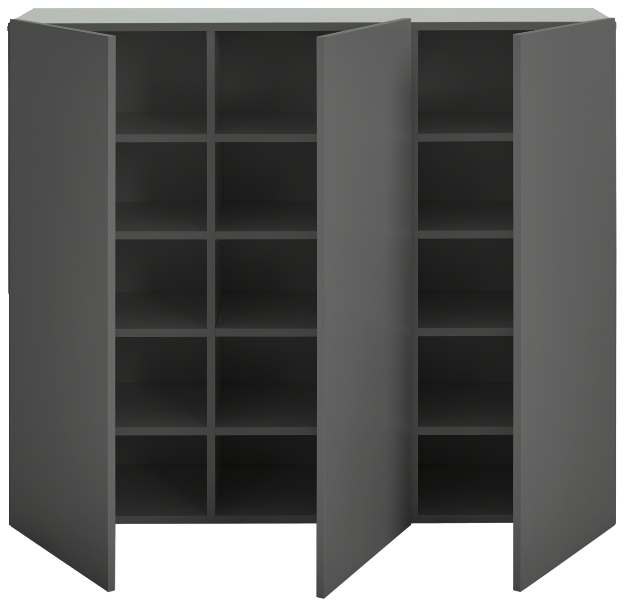 Grauer Hängeschuhschrank mit zwei geöffneten Türen, frontal betrachtet, zeigt mehrere Regalfächer für Schuhe.