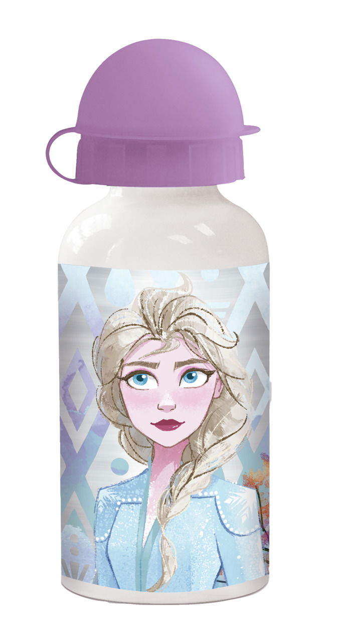 Aluflasche mit lila Deckel und Frozen-Motiv, Vorderansicht