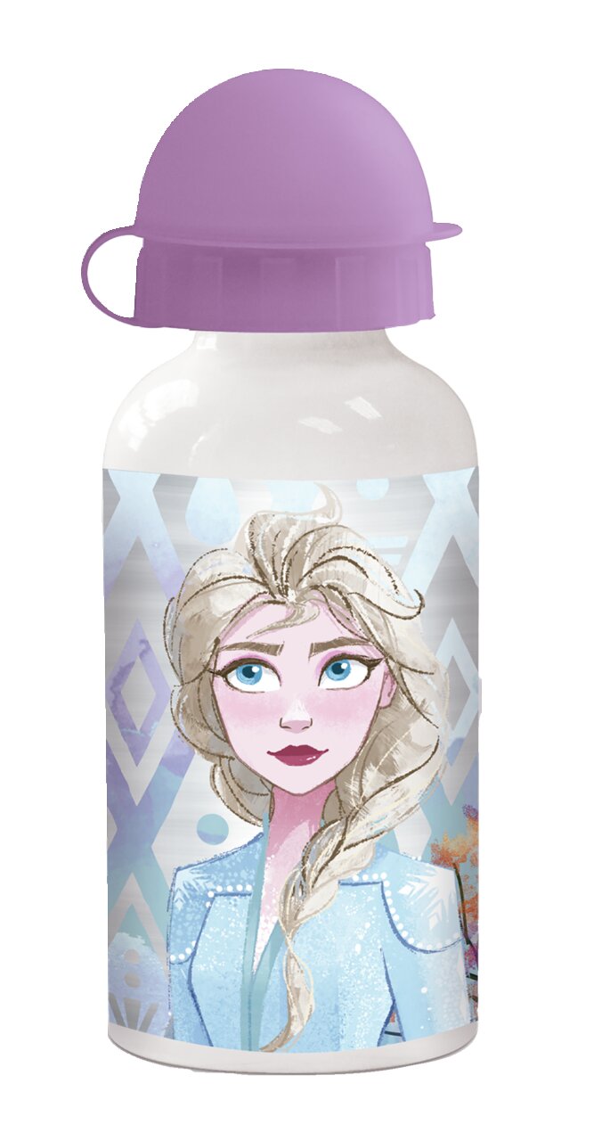 Aluflasche mit lila Deckel und Frozen-Motiv, Vorderansicht