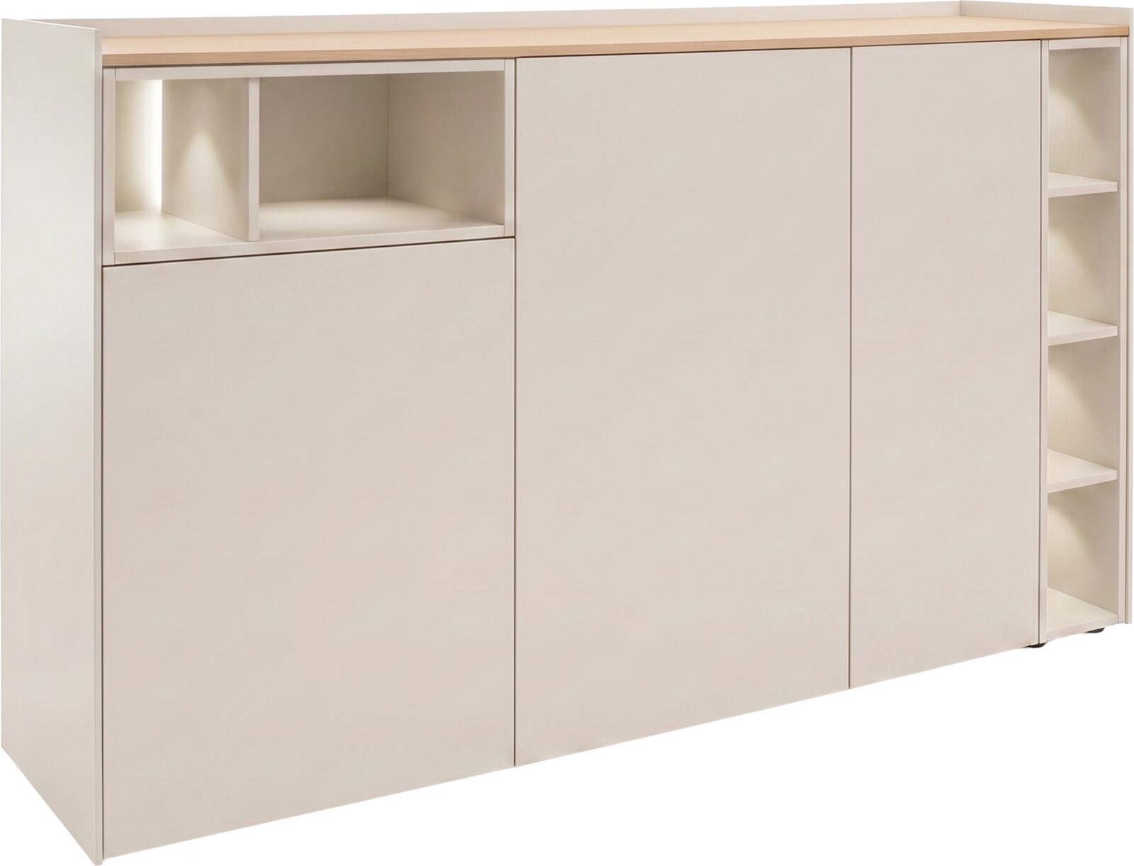 Modernes weißes Sideboard mit Schiebetüren, offenem Regalfach links und schmalem Regal rechts, frontale Ansicht mit leichter Perspektive von links