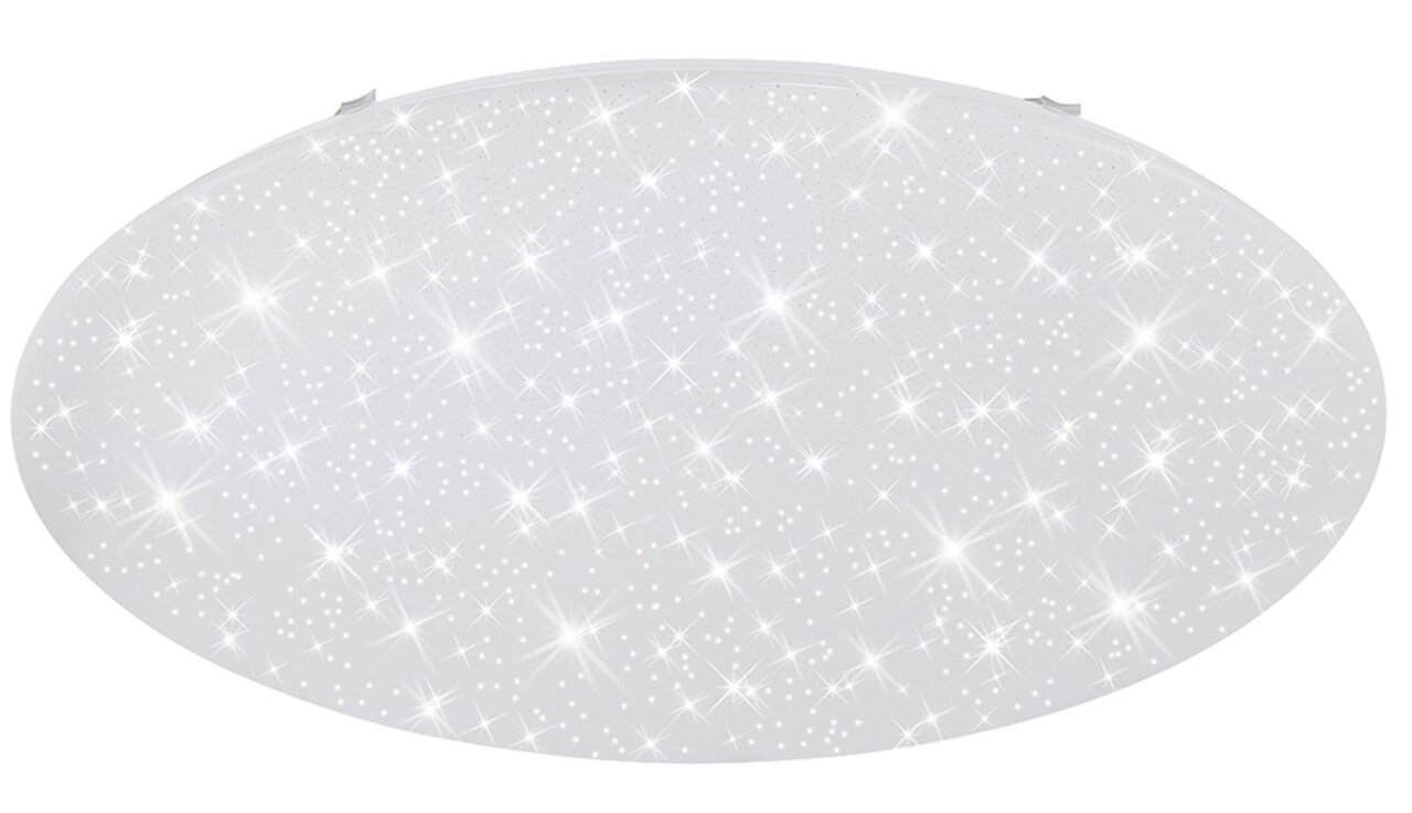 Runde LED-Deckenleuchte in Weiß mit funkelndem Sternenhimmel-Effekt, Ansicht von unten.