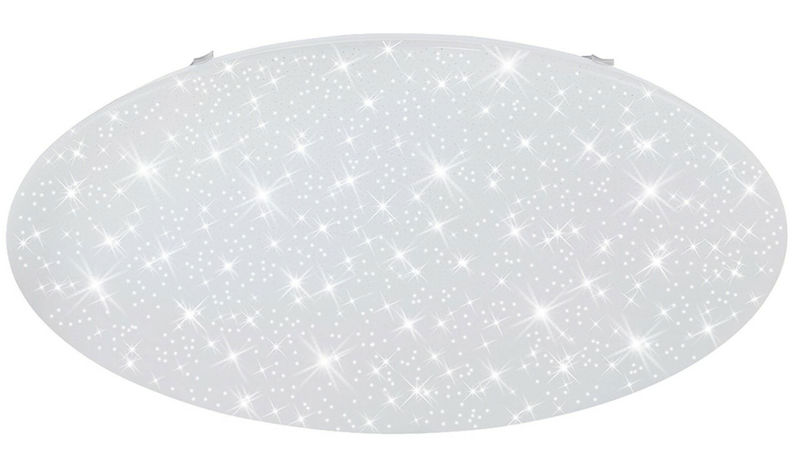 Runde LED-Deckenleuchte in Weiß mit funkelndem Sternenhimmel-Effekt, Ansicht von unten.