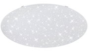 Ronde LED-plafondlamp in wit met een sprankelend sterrenhemeleffect, gezien van onderaf.