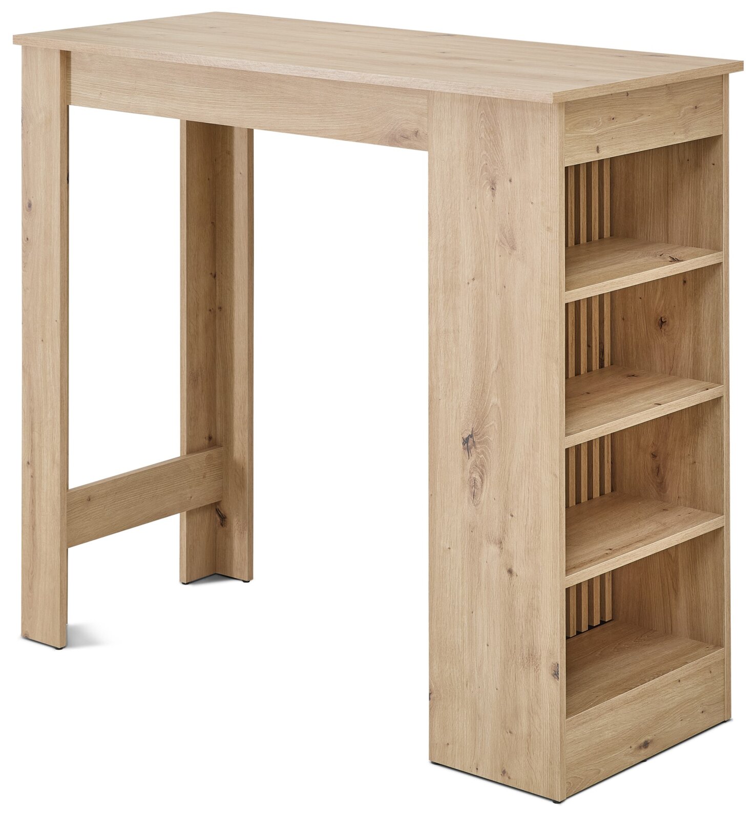 Z2 Bartisch MOJITO Holzfarbener Stehtisch mit seitlichem Regal und mehreren Ablagefächern, gezeigt in schräger Frontansicht von rechts
