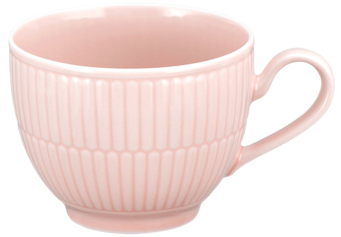 Rosa Kaffeetasse mit geriffeltem Muster, seitliche Perspektive