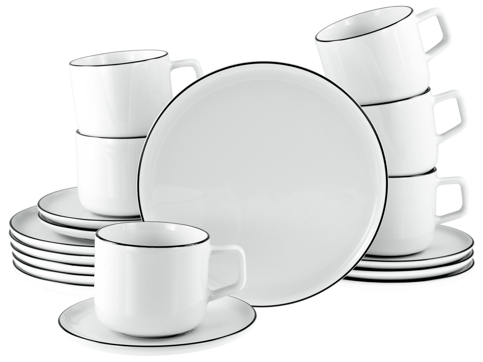 creaTable Kaffeeservice 18-tlg CHEF COLLECTION Weißes Porzellan-Geschirrset mit dünnem schwarzem Rand, bestehend aus Tellern und Tassen mit Untertassen, in schräger Frontansicht vor weißem Hintergrund