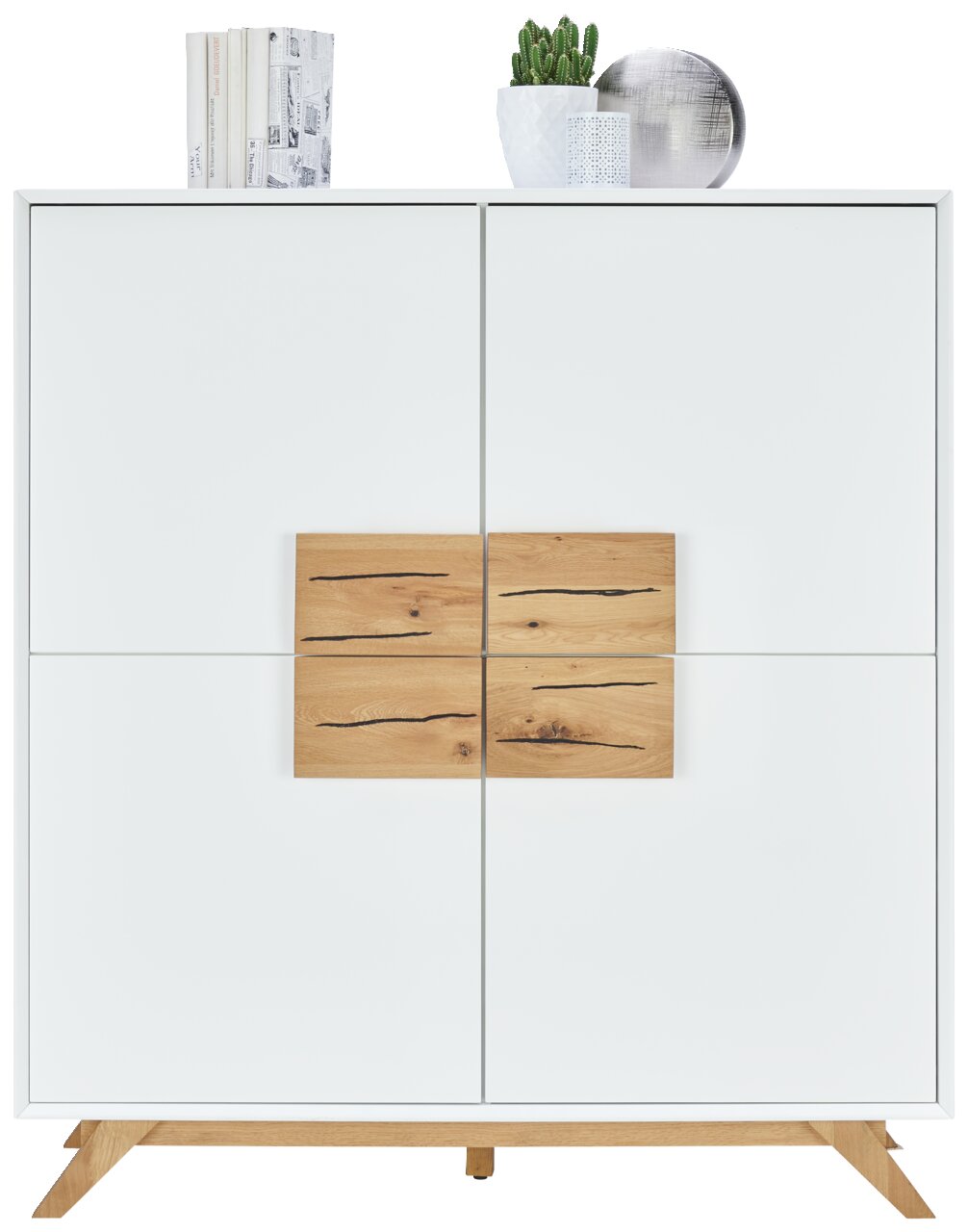 XORA Hoog dressoir MOOVE Weißes Highboard mit Holzelementen und Dekorationen von vorne