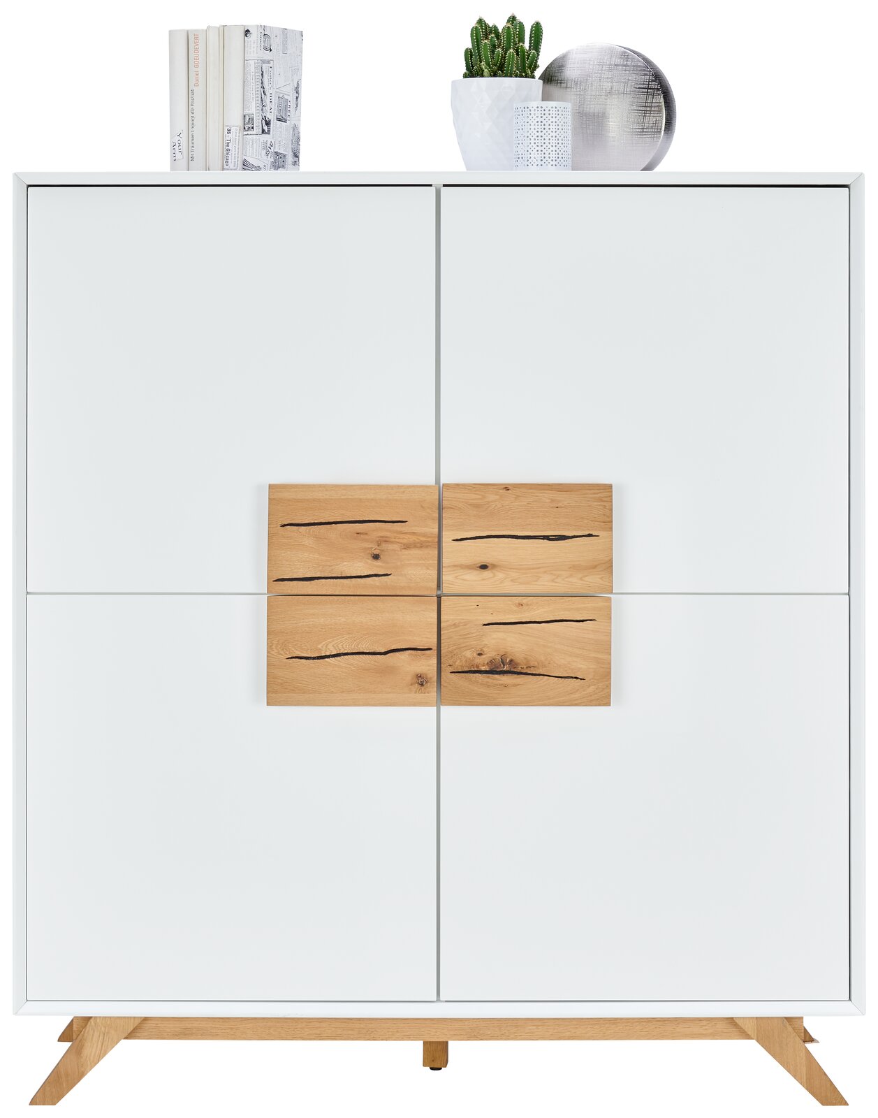 XORA Highboard MOOVE Weißes Highboard mit Holzelementen und Dekorationen von vorne
