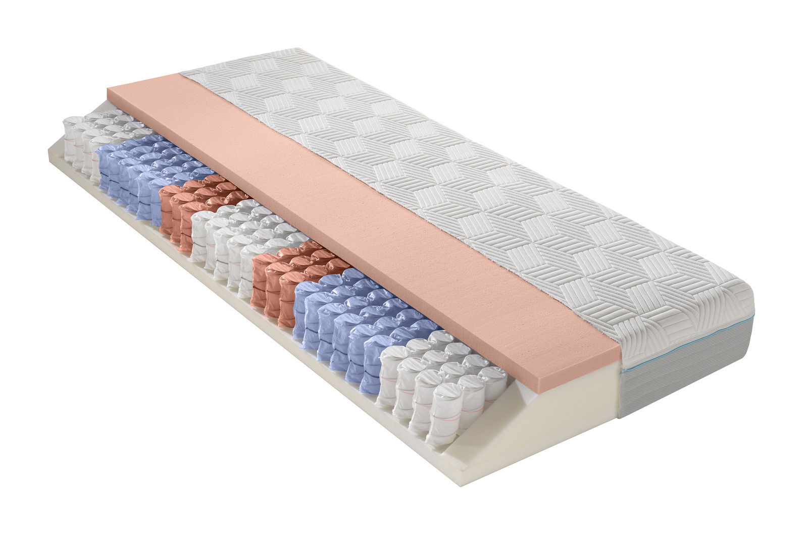 Dieter Knoll Gel-Taschenfederkernmat. H2 OPTIFLOW GEL TFK 22 Querschnitt einer Gel-Taschenfederkernmatratze mit verschiedenen Schichten und Farben, seitliche Perspektive.