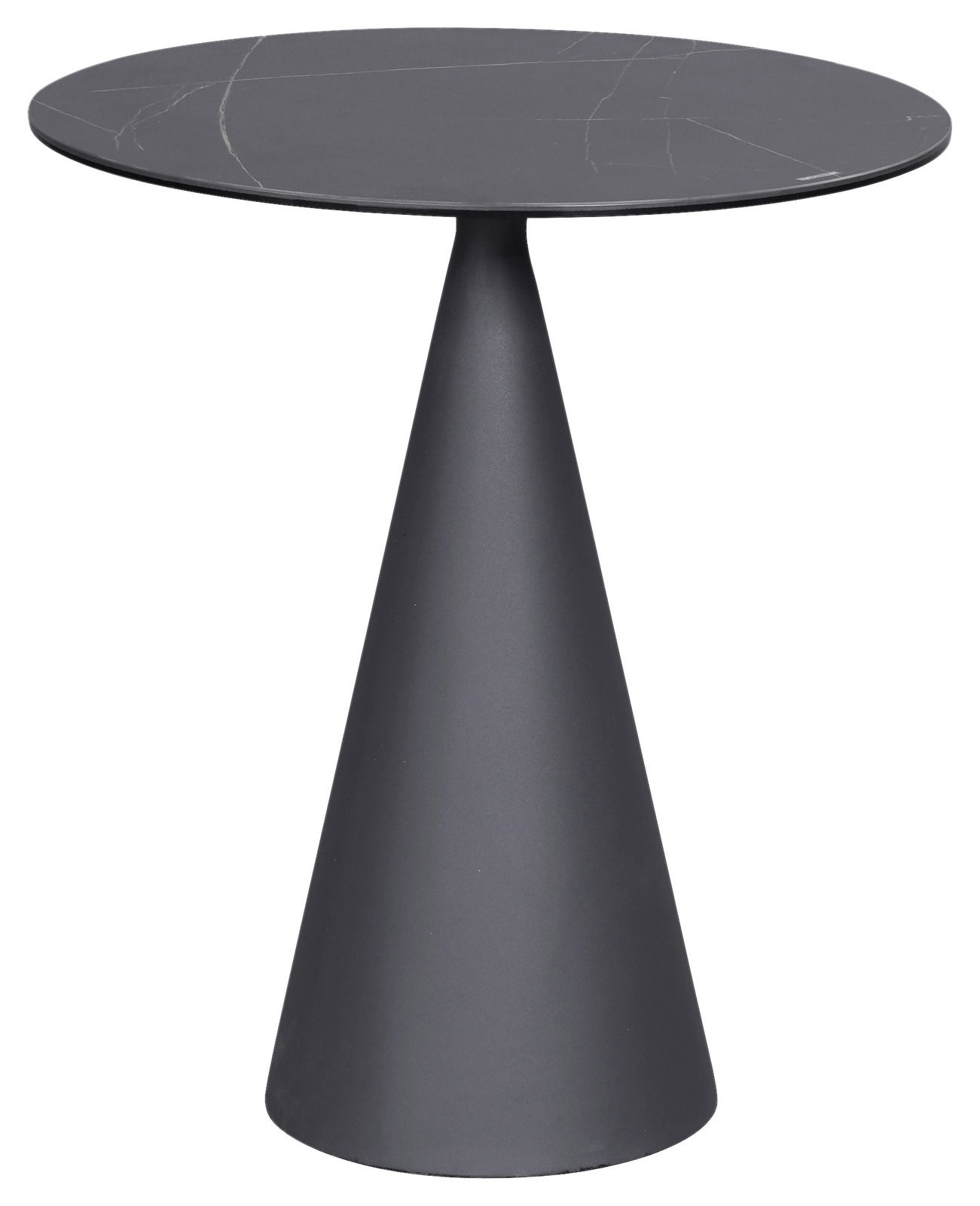 Moderner Beistelltisch mit runder, dunkler Tischplatte und konischem Fuß, seitliche Perspektive