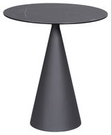 Moderner Beistelltisch mit runder, dunkler Tischplatte und konischem Fuß, seitliche Perspektive