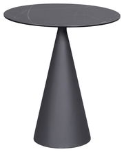 Moderner Beistelltisch mit runder, dunkler Tischplatte und konischem Fuß, seitliche Perspektive