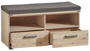 Garderobenbank aus Holz mit zwei offenen Fächern und zwei Schubladen, gepolsterte Sitzfläche, Frontansicht