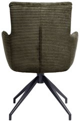 Rückansicht eines Armlehnstuhls mit grünem, geripptem Stoffbezug und schwarzem Metallgestell.