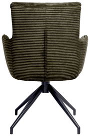 Rückansicht eines Armlehnstuhls mit grünem, geripptem Stoffbezug und schwarzem Metallgestell.