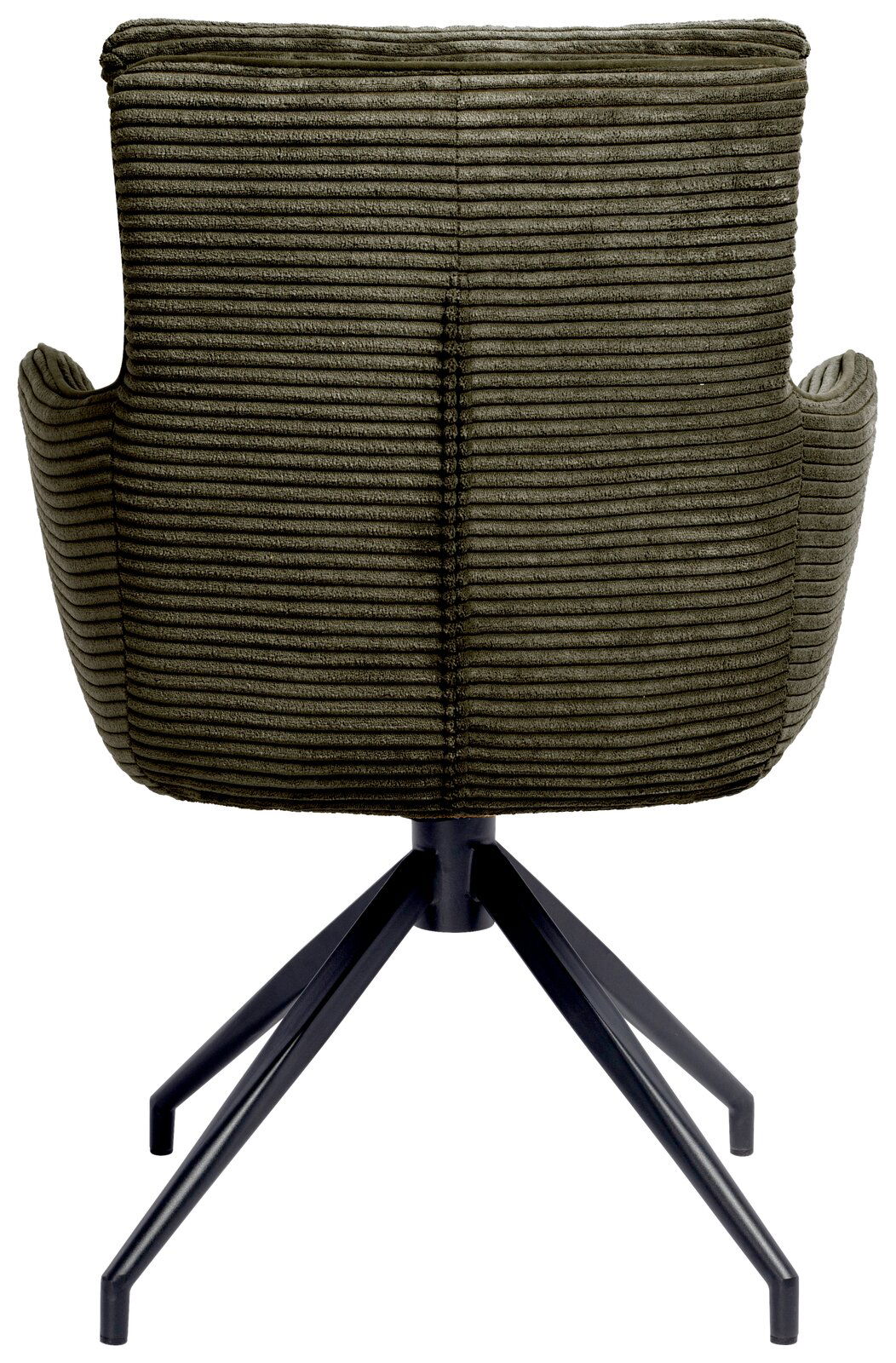 Rückansicht eines Armlehnstuhls mit grünem, geripptem Stoffbezug und schwarzem Metallgestell.