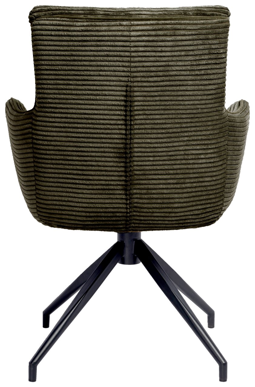 Rückansicht eines Armlehnstuhls mit grünem, geripptem Stoffbezug und schwarzem Metallgestell.