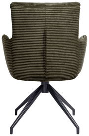 Rückansicht eines Armlehnstuhls mit grünem, geripptem Stoffbezug und schwarzem Metallgestell.