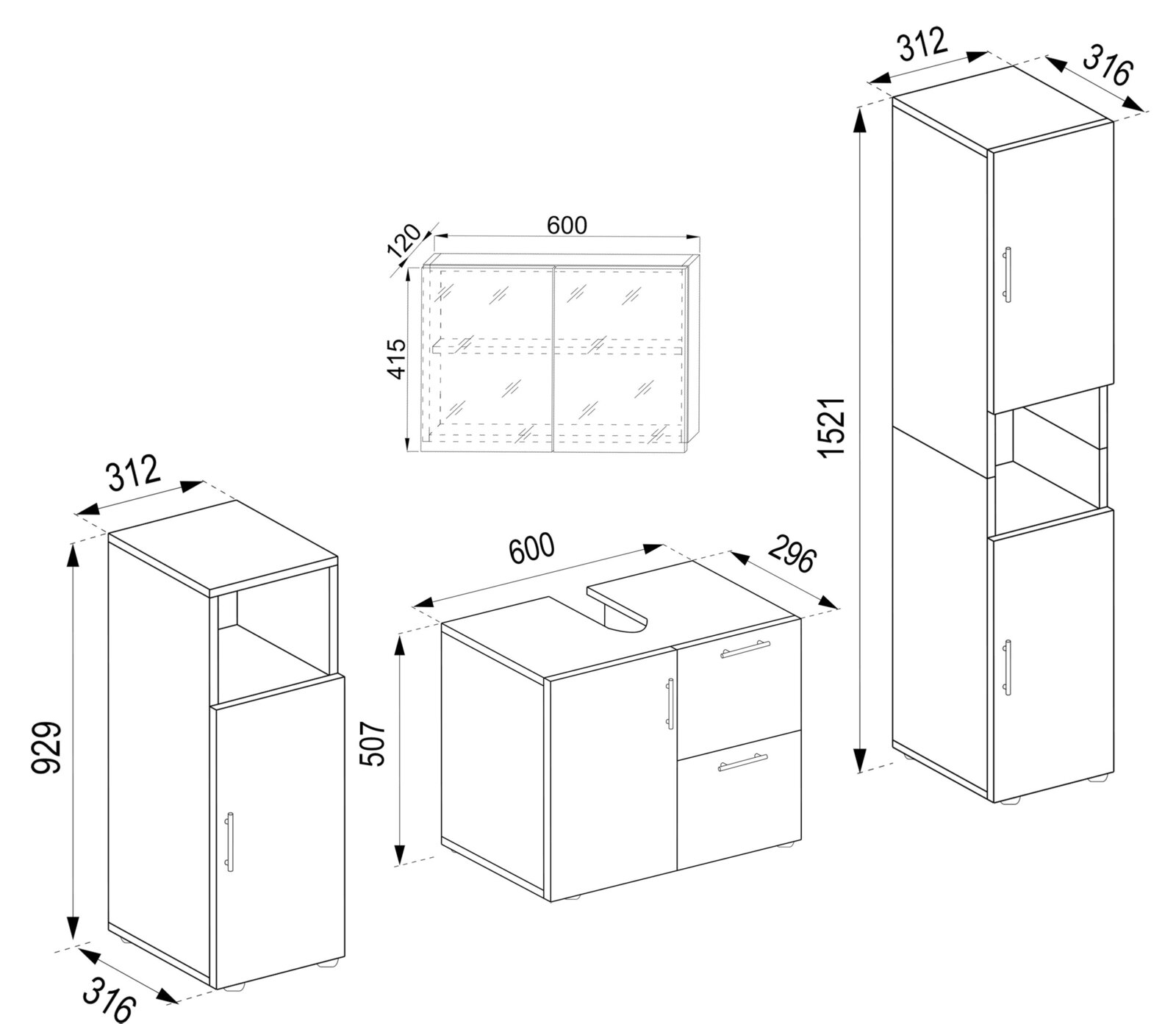 Technische Maßzeichnung eines Badezimmermöbel-Sets mit Waschtischunterschrank (mit Ausschnitt), Spiegelschrank und zwei Hochschränken, Maße in mm; perspektivische Ansicht schräg von vorn sowie Frontansicht des Spiegelschranks.