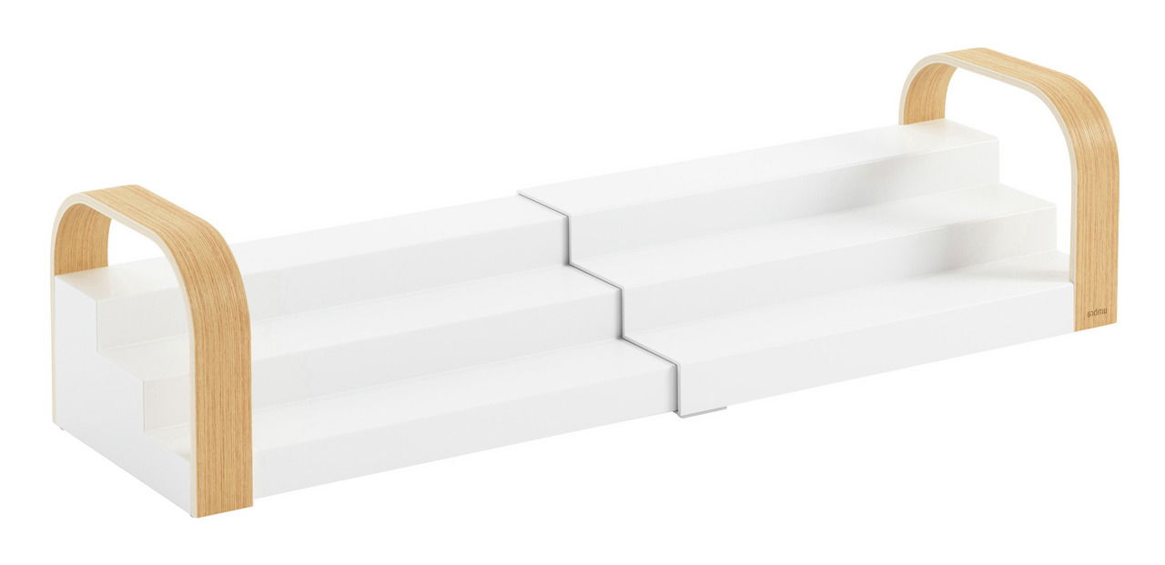 Weißes dreistufiges Gewürzregal mit Holzgriffen, seitliche Perspektive