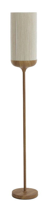 Stehlampe mit zylindrischem, cremefarbenem Stoffschirm und Holzfuß, frontale Ansicht
