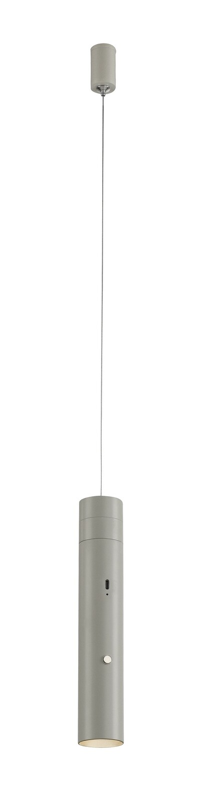 Moderne Akku-Pendelleuchte in zylindrischer Form, seitliche Ansicht
