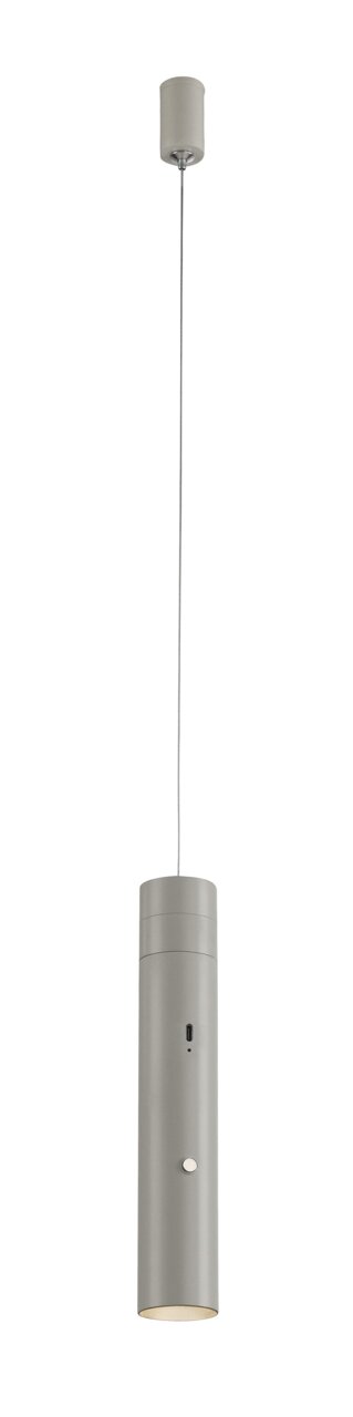 Moderne Akku-Pendelleuchte in zylindrischer Form, seitliche Ansicht