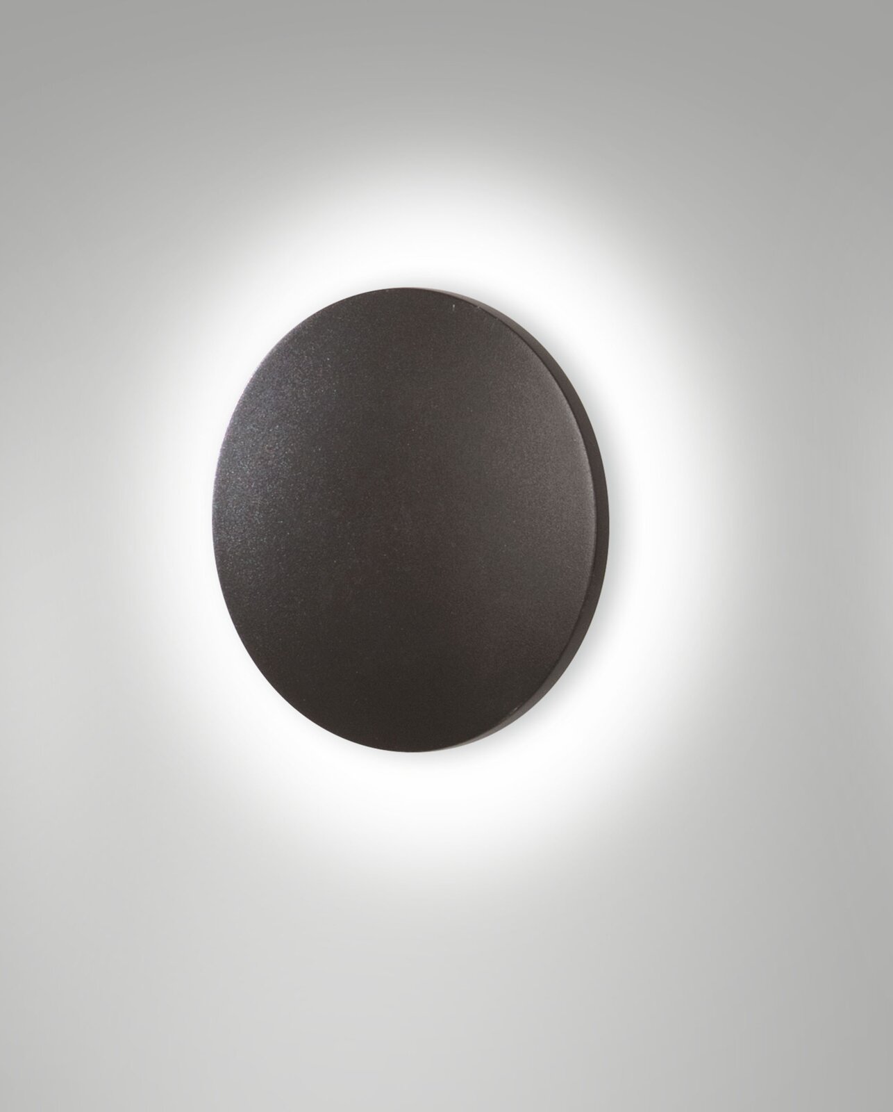 Fabas Luce LED-buitenwandlamp ZON Ronde LED-buitenwandlamp in een donkere uitvoering, afgebeeld van voren tegen een verlichte achtergrond.