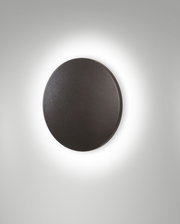 Ronde LED-buitenwandlamp in een donkere uitvoering, afgebeeld van voren tegen een verlichte achtergrond.