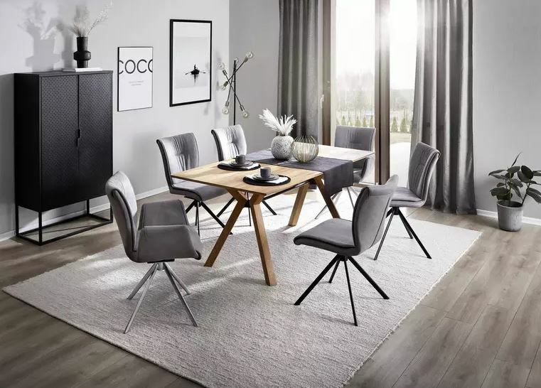 Dieter Knoll Stuhl JAZZ Esszimmer mit modernem Tisch und sechs grauen Stühlen, seitliche Perspektive