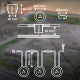 Technische Zeichnung eines Erweiterungssets aus Edelstahl mit Maßen: 30 mm Durchmesser, 26 mm Höhe, 20 mm Breite, 24 mm Ringdurchmesser, 500 mm Kabellänge. Perspektive von oben.