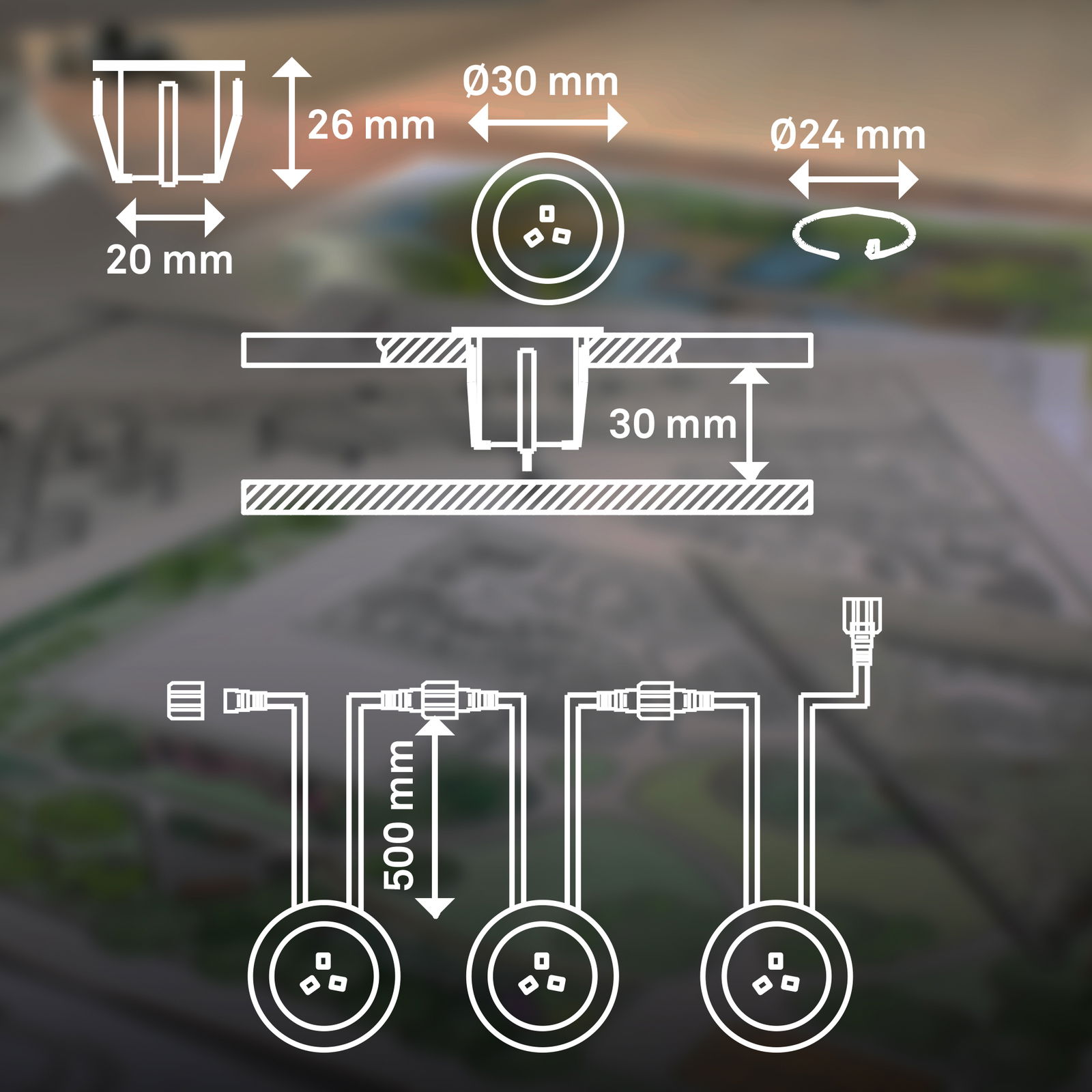 Technische Zeichnung eines Erweiterungssets aus Edelstahl mit Maßen: 30 mm Durchmesser, 26 mm Höhe, 20 mm Breite, 24 mm Ringdurchmesser, 500 mm Kabellänge. Perspektive von oben.