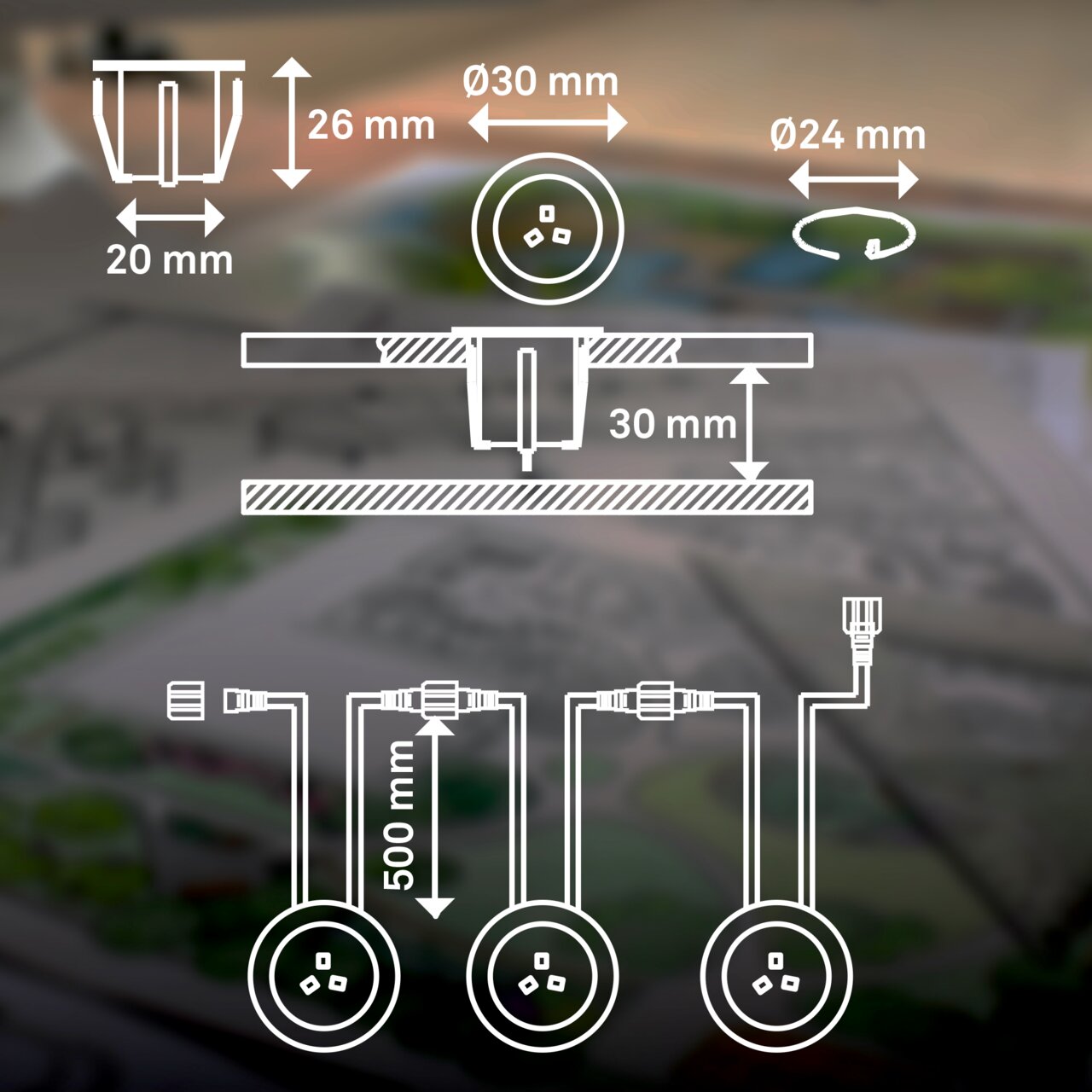 Technische Zeichnung eines Erweiterungssets aus Edelstahl mit Maßen: 30 mm Durchmesser, 26 mm Höhe, 20 mm Breite, 24 mm Ringdurchmesser, 500 mm Kabellänge. Perspektive von oben.